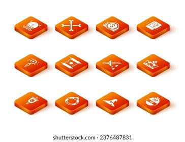 Indique la bandera del Pirata, anillo de piedra mágica, varita, decreto, pergamino, pergamino, sombrero de bruja, espada con sangre, barra de videojuegos e icono de la corona del Rey. Vector