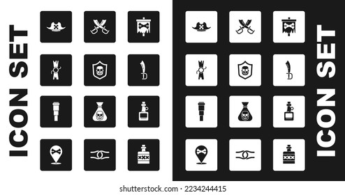 Set Pirate flag, Shield with pirate skull, Decree, parchment, scroll, hat, sword, Crossed swords, Alcohol drink Rum and Spyglass telescope lens icon. Vector