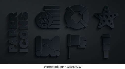 Set Pirate flag, Starfish, treasure map, Spyglass telescope lens, Lifebuoy and coin icon. Vector