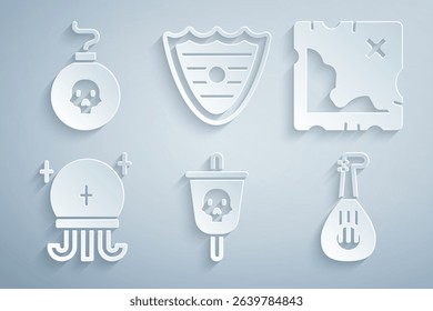Set Pirate flag, treasure map, Magic ball, Lute, Shield and Bomb ready to explode icon. Vector