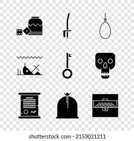 Establece los dados del juego pirata, la espada, el bucle de la cuerda de la horca, el decreto, el pergamino, el pergamino, el saco, el cofre del tesoro antiguo, el barco hundido y el icono de la llave. Vector