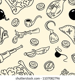 Set of pirate hand drawn doodles seamless pattern. Cute cartoon images of stock vector objects background texture wallpaper tile