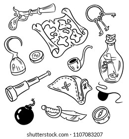 Set of pirate hand drawn doodles. Cute cartoon images of stock vector isolated pirate objects
