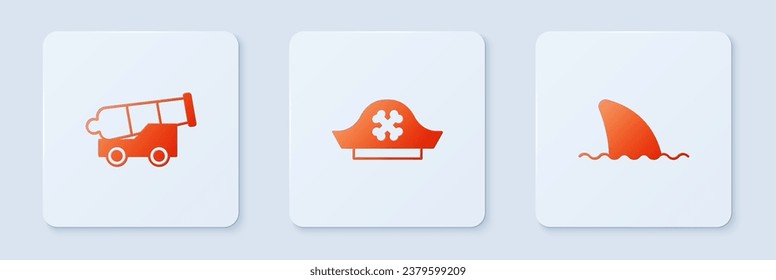 Ponga sombrero pirata, aleta de cañón y tiburón en la ola del océano. Botón cuadrado blanco. Vector