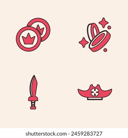 Set Pirate Hut, Münze und Schwert-Symbol. Vektorgrafik