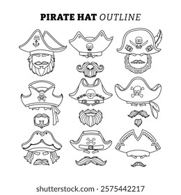 Set of Pirate Hat outline collection with line art style, pirate head with the captain of a pirate ship in a hat with a skull and crossbones. Bearded pirate in a hat and eye patch isolated.