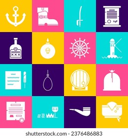Set Pirate hat, sack, Lighthouse, sword, Bomb ready to explode, Alcohol drink Rum bottle, Anchor and Ship steering wheel icon. Vector