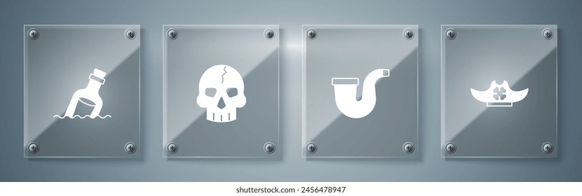 Set Pirate hat, Smoking pipe, Skull and Bottle with message water. Square glass panels. Vector