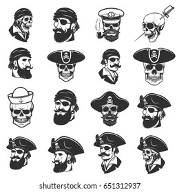 Set of pirate heads and skulls. Design elements for label, emblem, sign, badge, poster, t-shirt. Vector illustration