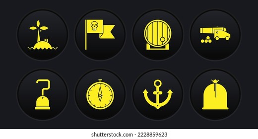 Set Pirate hook, Cannon with cannonballs, Compass, Anchor, Wooden barrel, flag skull, sack and Tropical island in ocean icon. Vector