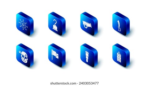 Set Pirate hook, Cannon, sword, Dynamite bomb, Spyglass telescope lens, flag, Skull and Ship steering wheel icon. Vector