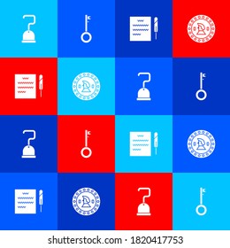 Set Pirate hook, key, Feather pen and scroll and coin icon. Vector.
