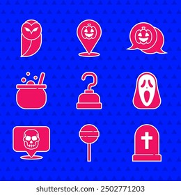 Set Pirate hook, Lollipop, Tombstone with cross, Funny and scary ghost mask, Skull, Halloween witch cauldron, Pumpkin and Owl icon. Vector