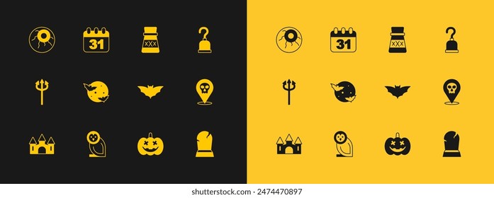 Set Pirate hook, Owl bird, Flying bat, Pumpkin, Moon and stars, Bottle with potion, Eye and Halloween date 31 october icon. Vector