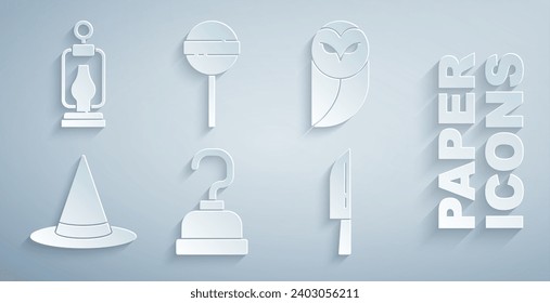 Set Pirate hook, Owl, Witch hat, Knife, Lollipop and Camping lantern icon. Vector