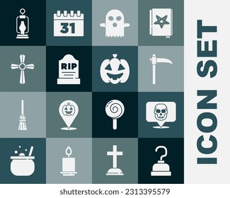 Set Pirate hook, Skull, Scythe, Ghost, Tombstone with RIP written, cross, Camping lantern and Pumpkin icon. Vector