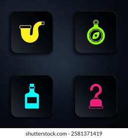 Set Pirate hook, Smoking pipe, Alcohol drink Rum and Compass. Black square button. Vector