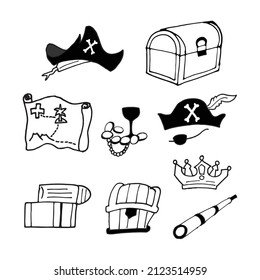 Set Of Pirate Icon. Black And White Color. Monochrome Style. Hand Drawn Vector. Hat, Map, Chest, Spyglass, Jewelry And Gold Illustration. Doodle Art For Logo, Label, Sticker, Clipart, Poster, Card. 