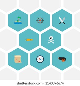 Set of pirate icons flat style symbols with skeleton, spyglass, cartography and other icons for your web mobile app logo design.