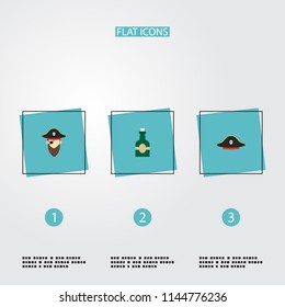 Set of pirate icons flat style symbols with costume, pirate, rum and other icons for your web mobile app logo design.