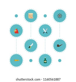 Set of pirate icons flat style symbols with spyglass, smoking pipe, black mark and other icons for your web mobile app logo design.