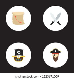 Set of pirate icons flat style symbols with ship, pirate, cartography and other icons for your web mobile app logo design.
