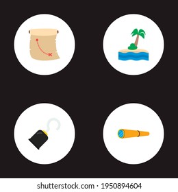 Set of pirate icons flat style symbols with spyglass, hand hook, cartography icons for your web mobile app logo design.