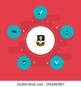 Set of pirate icons flat style symbols with pirate, rum, sword and other icons for your web mobile app logo design.