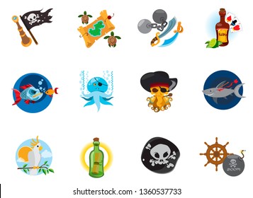 Set of pirate icons. Vector illustrations isolated on white background for pirate party, mobile games and much more.