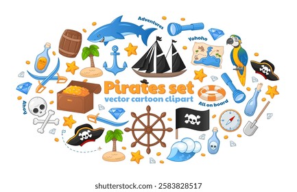 Set of pirate illustrations isolated on white background. Pirate flag, treasure chest, macaw parrot, anchor and others in cartoon style.