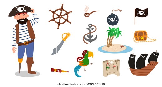 A set of pirate items. a pirate character in a suit, a hat, without a leg and with a beard.