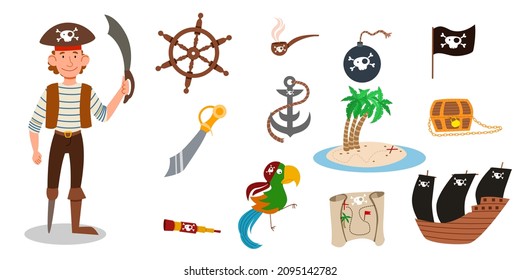 Un conjunto de artículos piratas. un personaje pirata con traje, sombrero, pierna y espada en la mano.