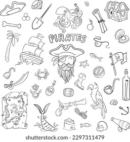 Un conjunto de artículos piratas. Elementos de contorno. Libro de coloración infantil