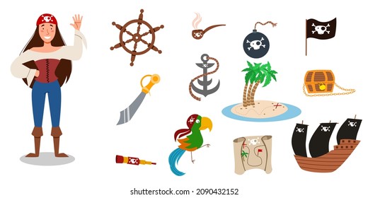 A set of pirate items. greeting of the pirate character of a girl in a suit, in a bandana.