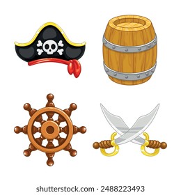 Conjunto de elementos piratas sobre un fondo blanco. Sombrero pirata, sable, barril, volante pirata. Vector sobre fondo blanco.