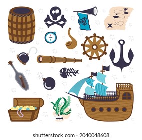 Un conjunto de artículos piratas, barco, jolly roger, cráneo con huesos, esqueleto de pescado, vidrio espía, brújula, volante de dirección, gancho, bomba, tubo para fumar, cráneo con algas, fanfarria, botella con un mapa. estilo plano de dibujos animados