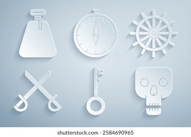 Set Pirate key, Ship steering wheel, Crossed pirate swords, Skull, Compass and sack icon. Vector