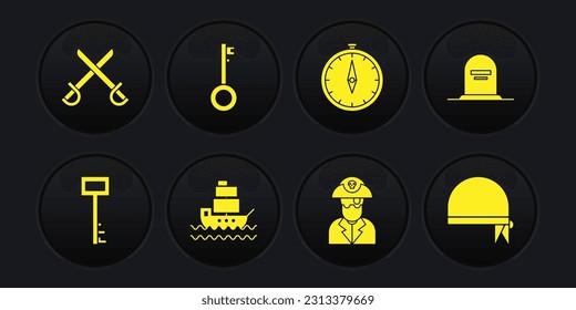 Set Pirate key, Tombstone with RIP written, Ship, captain, Compass, bandana for head and Crossed pirate swords icon. Vector