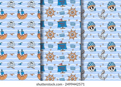 Conjunto de patrón inconsútil del doodle de la fuente marina pirata en el fondo azul con el pirata, bandido, barco, bandera, cráneo, espada, timón y diseños de la ilustración de la onda del mar para la impresión y el empaquetado de los niños