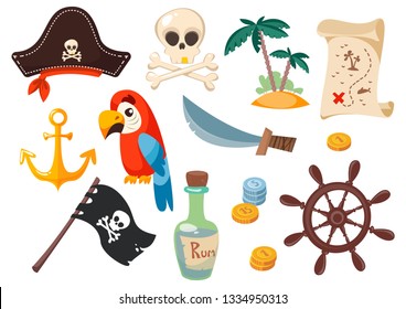 Set of pirate merchandise clipart. Handwheel, parrot, anchor, map, treasure, skull and bones, and similar items. Vector illustration in cartoon style.