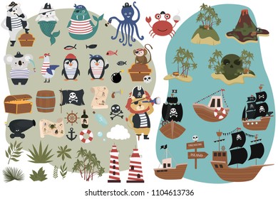 Set of Pirate objects in cartoon style. Fun animal characters, treasure island and ships. Editable vector illustration