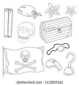 Set of pirate objects on white background. Chest, scroll, hook, bandana, bandage, whistle, flag, skull, flower outline. Elements for a pirate party. Cartoon style. Hand drawing. Vector illustration.