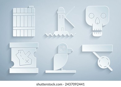 Set Pirate parrot, Skull, treasure map, eye patch, Lighthouse and Wooden barrel icon. Vector