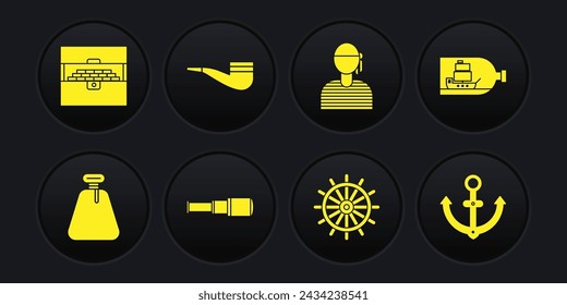 Set Pirate sack, Bottle with ship inside, Spyglass telescope lens, Ship steering wheel, Sailor captain, Smoking pipe, Anchor and Antique treasure chest icon. Vector