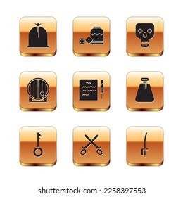 Set Pirate sack, key, Crossed pirate swords, Feather pen and scroll, Wooden barrel, Skull,  and game dice icon. Vector