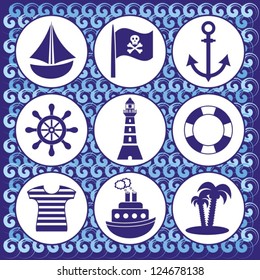 set of pirate and sailor icons on blue waves background