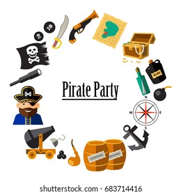 Set of pirate and sea elements in the circle.Pirate party.Vector