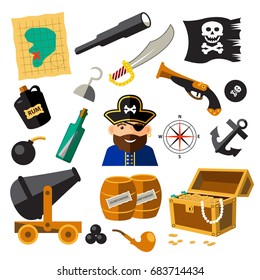Set of pirate and sea elements: pirate, coins, bottle, anchor,spyglass,saber,gun,hook,hat,cannon,treasure chest. Vector illustration for cartoon children design. Funny and comic style.