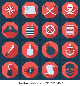 Set of pirate or sea icons, vector illustration. Wind rose, treasure map, sabers, jolly roger, captain hat, striped singlet, helm, cask, anchor, bomb, skull, hook, bottle