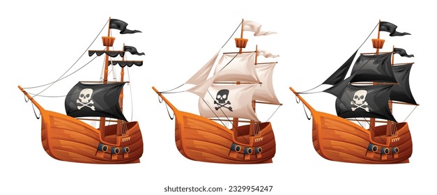 Set of pirate ship cartoon illustration isolated on white background